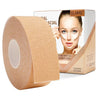 Roll of Elaime kinesiology tape for facial lifting and wrinkle reduction shown next to a model applying it to her face