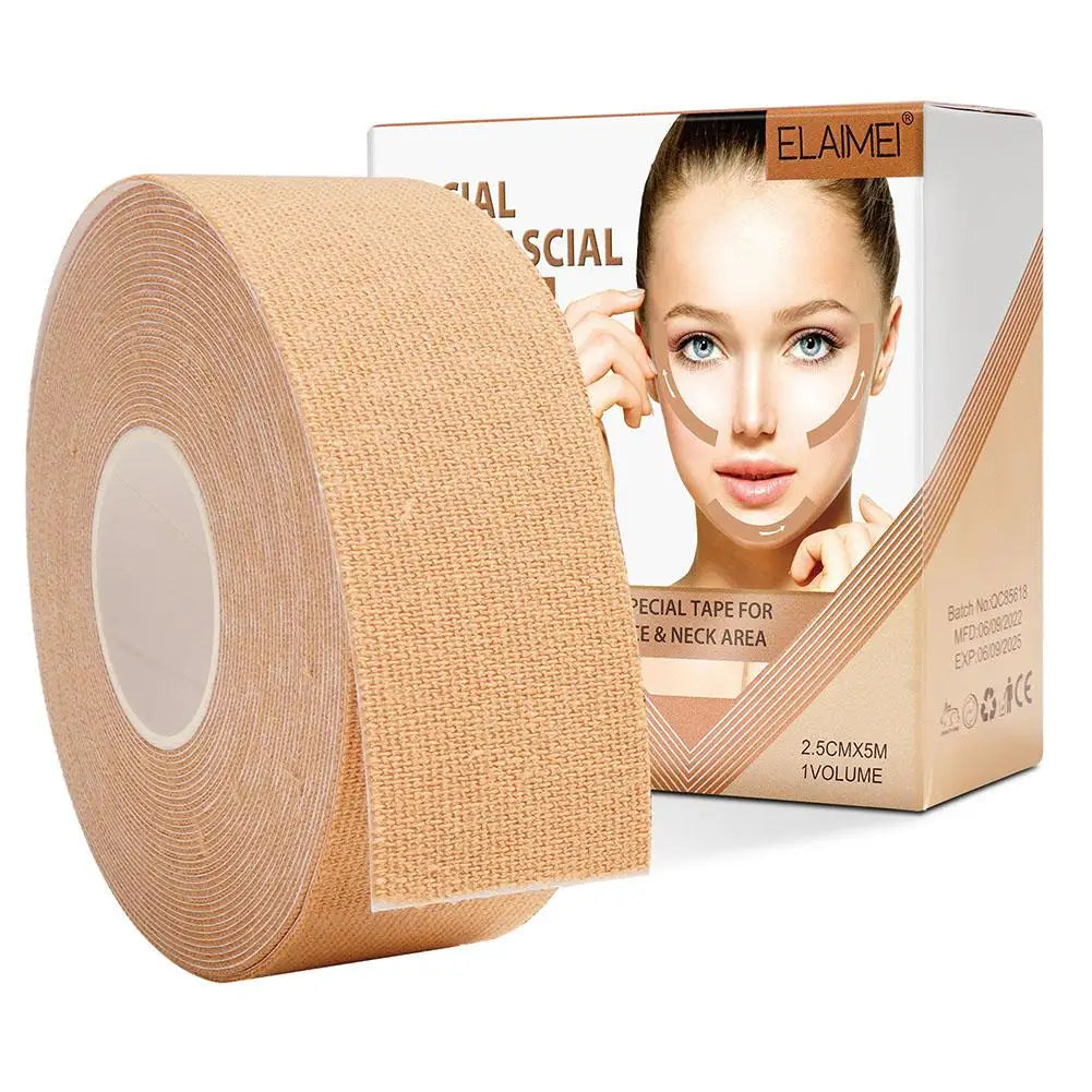 Roll of Elaime kinesiology tape for facial lifting and wrinkle reduction shown next to a model applying it to her face