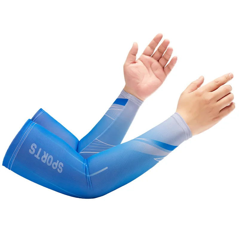 A person wearing blue dynamic breathable arm sleeves for sports is shown raising their hand.