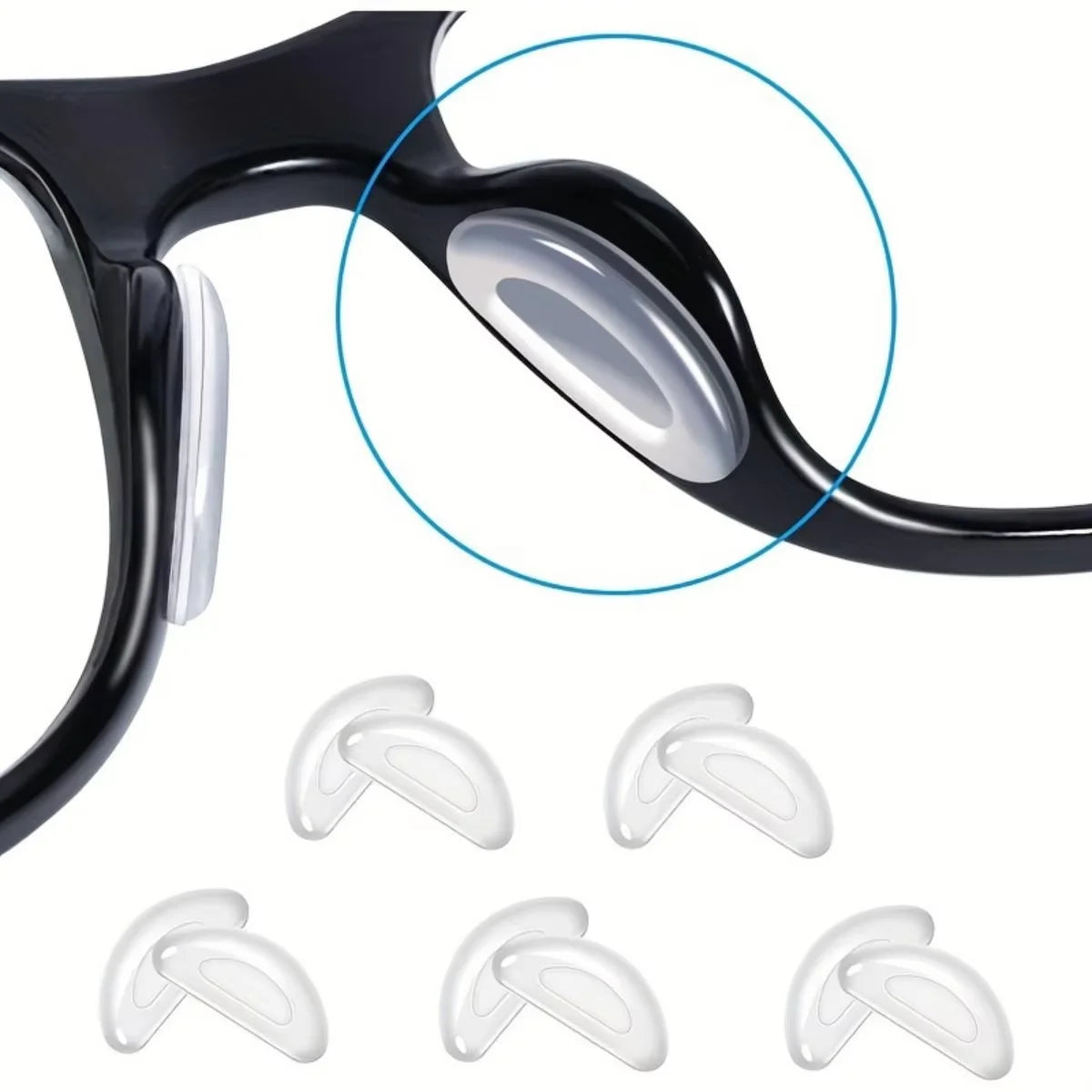 Close-up view of black eyeglass frames with clear silicone anti-slip nose pads.