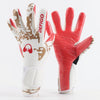 A pair of red and beige professional football goalkeeper gloves shown against a white background.