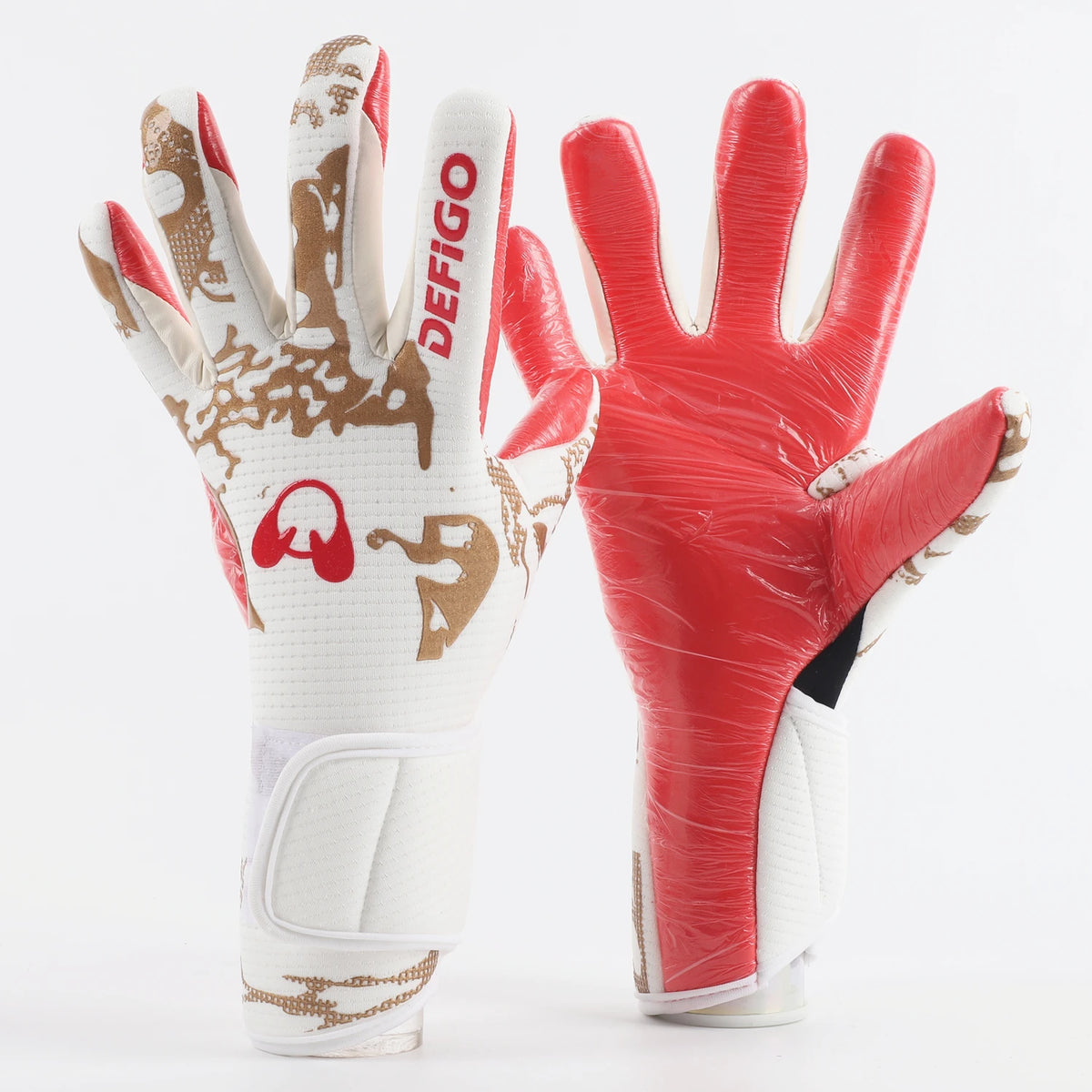 A pair of red and beige professional football goalkeeper gloves shown against a white background.