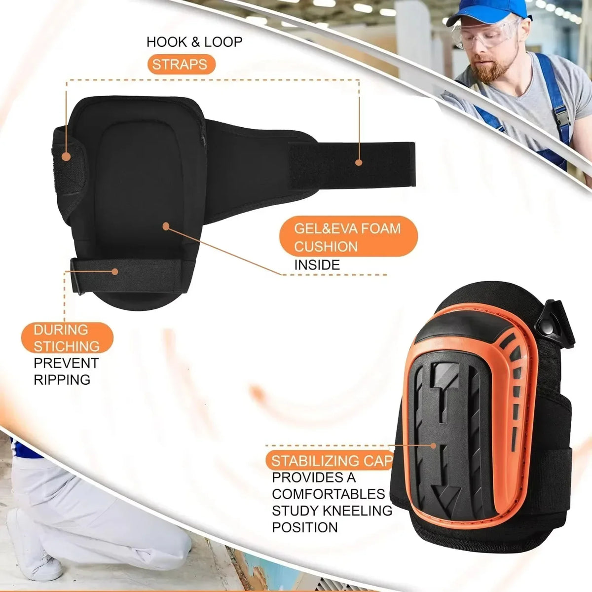 Black heavy duty gel knee pads with hook and loop straps and a stabilizing cap for study kneeling.