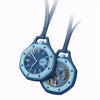 A light blue octagonal quartz pocket watch with a leather strap is shown against a white background.