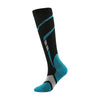 Black compression leg and calf socks with bright blue accents