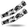 A pair of camouflage tactical arm sleeves worn on an arm.