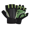 A pair of black fingerless weightlifting and fitness gloves with wrist support, featuring neon green accents.