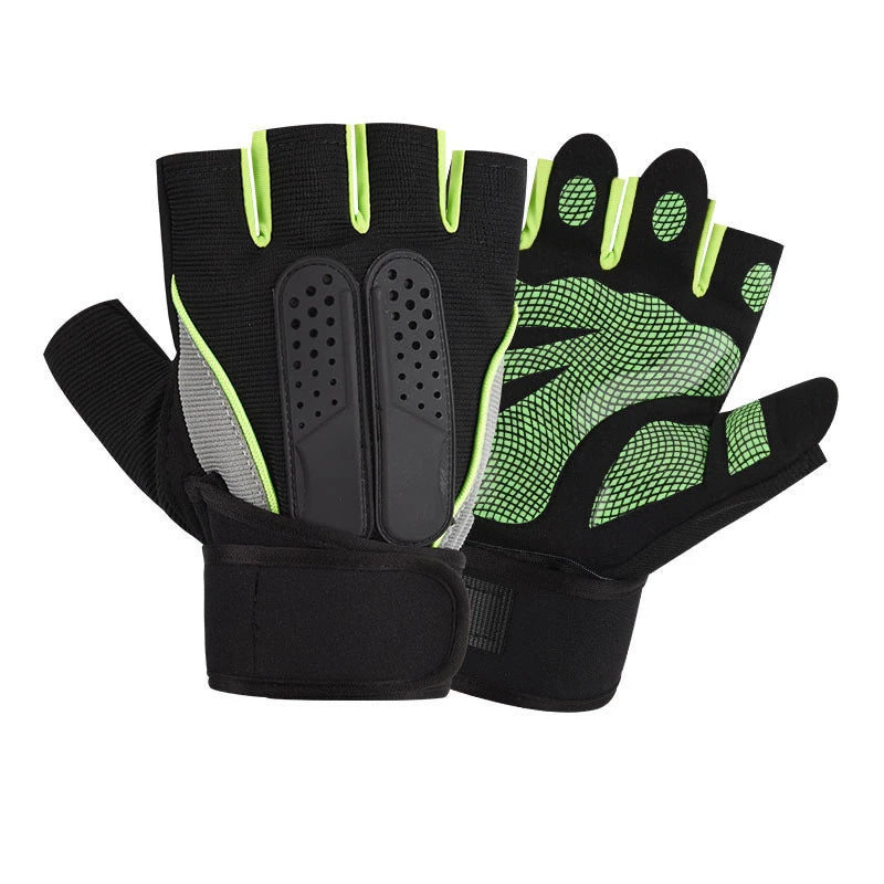 A pair of black fingerless weightlifting and fitness gloves with wrist support, featuring neon green accents.