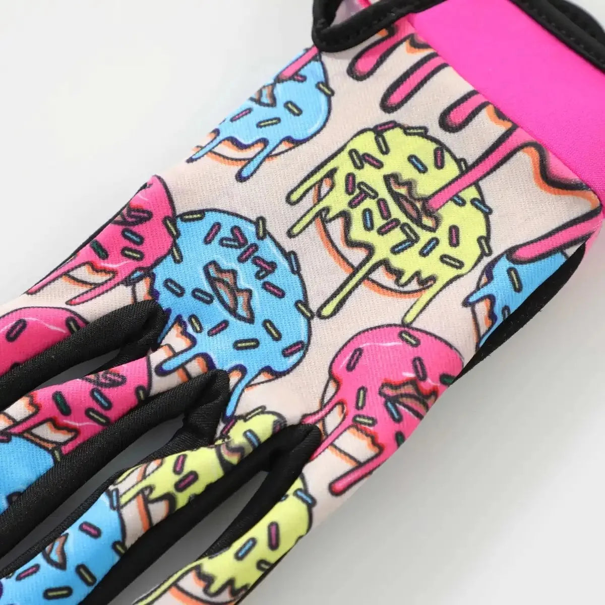 Gants de motocross rose et noir avec motif éclaboussures colorées