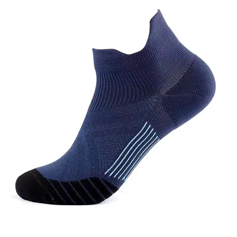 Navy blue performance compression sports socks with a black toe and light blue stripes on the arch