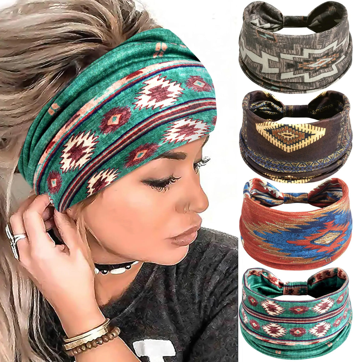 A woman wearing a teal and maroon patterned boho cotton turban headband on her hair.