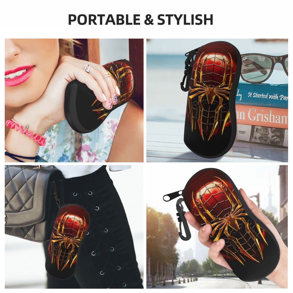 A portable and stylish black silicone pouch shaped like a spider web, used for storing eyeglasses.