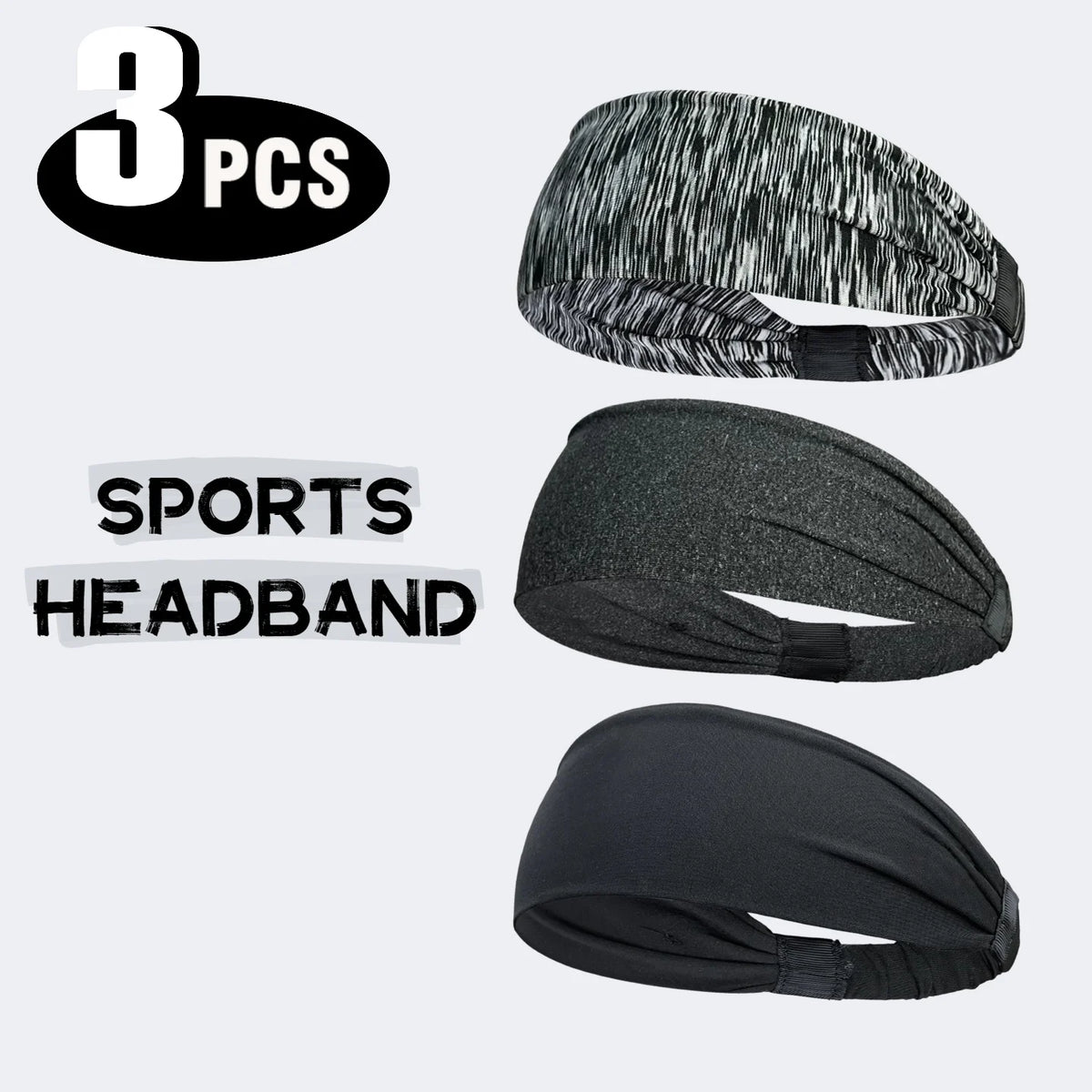 Trois bandeaux de sport noirs sont présentés, dont un avec un motif gris et deux unis noirs.