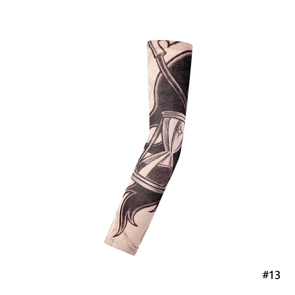 A close-up of a black and white reusable stretch tattoo arm sleeve design.