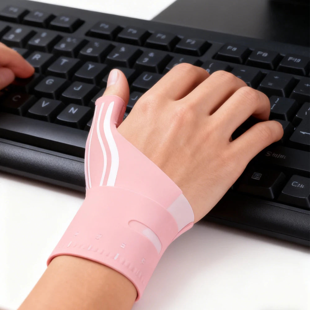 A hand wearing a pink wrist brace rests on a black laptop keyboard.