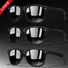 A 3-pack of black retro style UV protection sunglasses shown in various views.