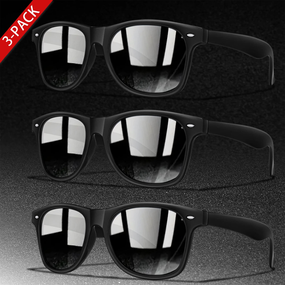 A 3-pack of black retro style UV protection sunglasses shown in various views.