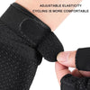 Black breathable half-finger cycling and fitness gloves being adjusted on a hand.