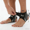 A person's foot is shown wearing a black knit ankle brace for support and injury prevention.