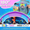 Purple-framed swimming goggles with curved lenses for wide vision and clear viewing.