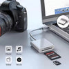 قارئ بطاقة عالمي من نوع Type-C ومفتاح فلاش USB بجوار كاميرا DSLR وحاسوب محمول.