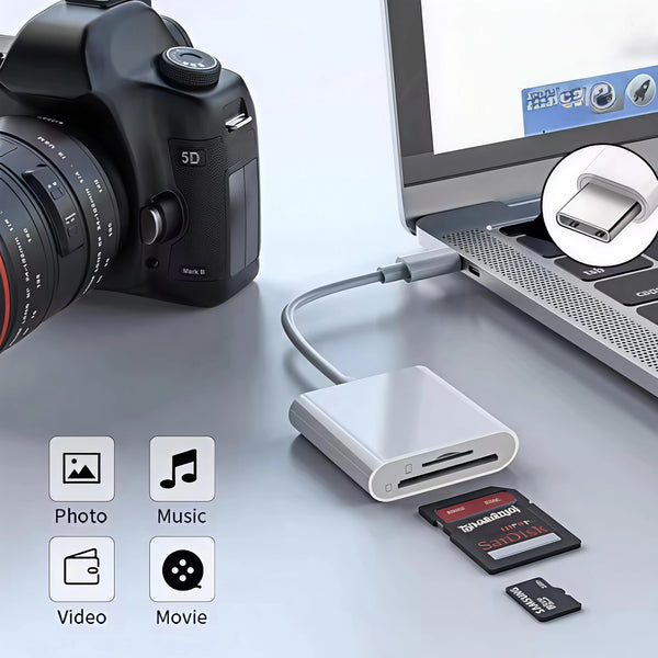 Ein universeller Type-C-Kartenleser und USB-Stick neben einer DSLR-Kamera und einem Laptop.
