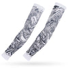 A pair of black and white ice silk arm sleeves featuring intricate dragon and warrior designs for sun and heat protection.
