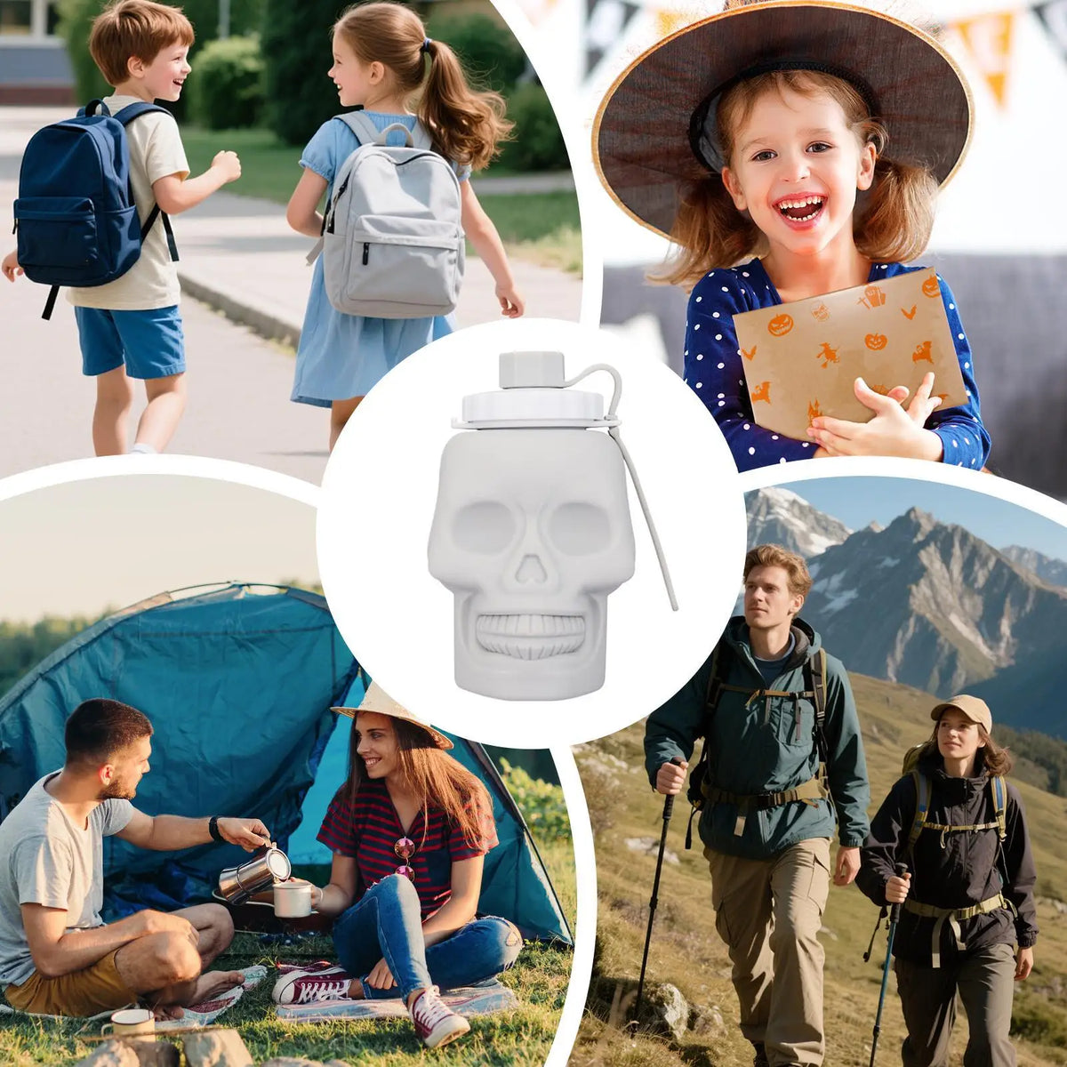 A white skull design leakproof foldable sports water bottle is shown in various outdoor and hiking contexts.