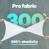 Hands stretch a white fabric product showing 300% elasticity for UV protection arm sleeves.
