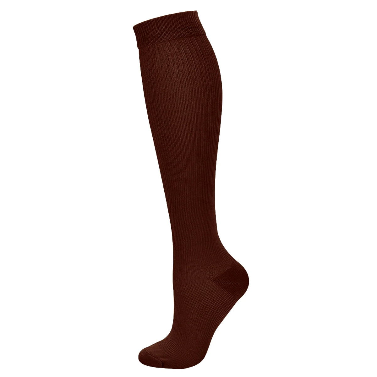 A dark brown compression sock shown standing vertically.