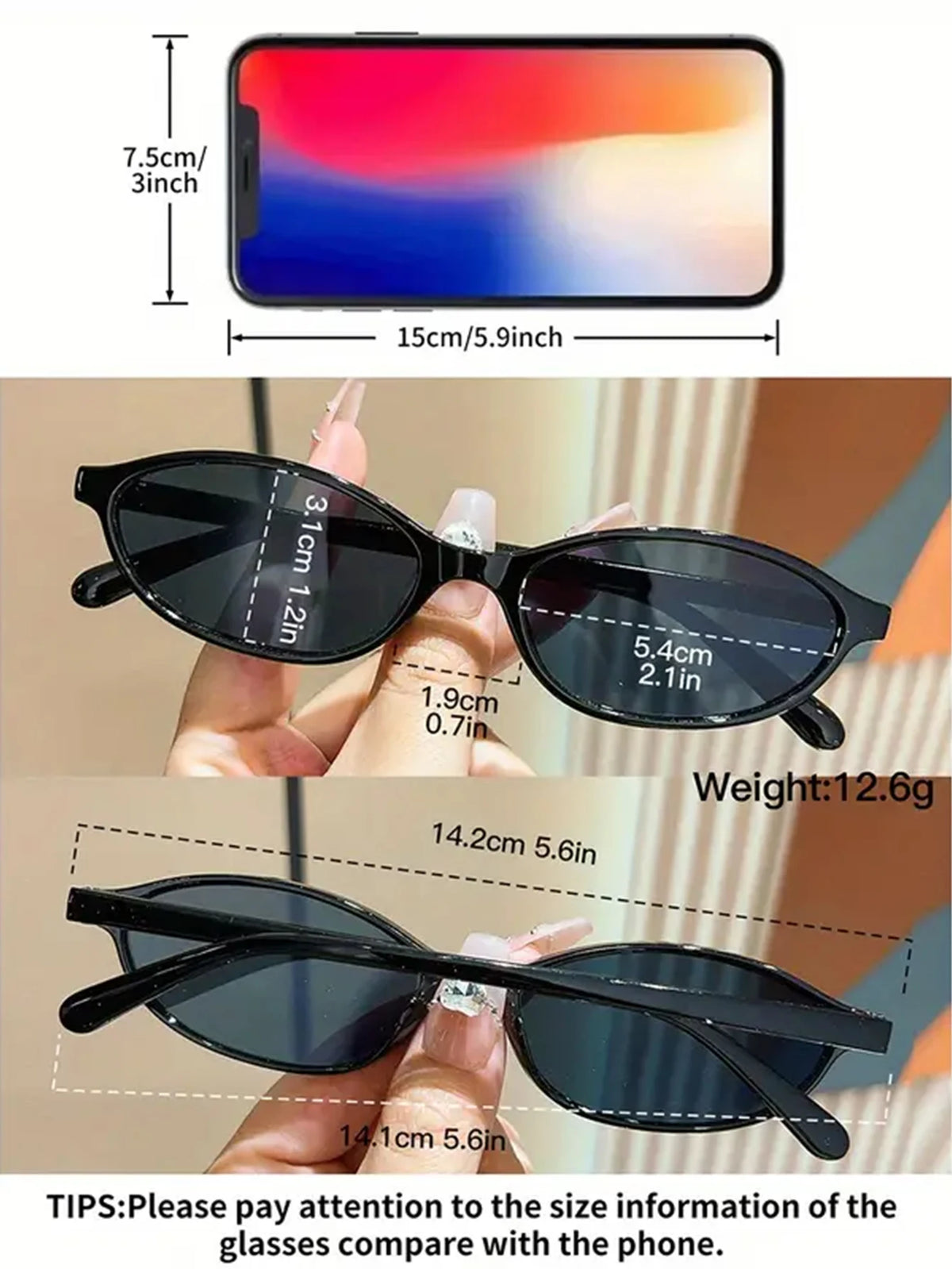 A set of black retro fashion sunglasses with rectangular and oval frames shown next to a smartphone for size comparison.