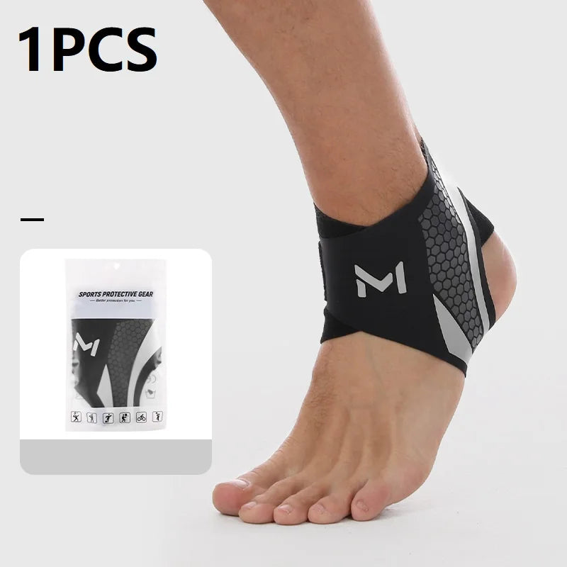 A person's foot is shown wearing a black and gray ankle protector for plantar fasciitis.