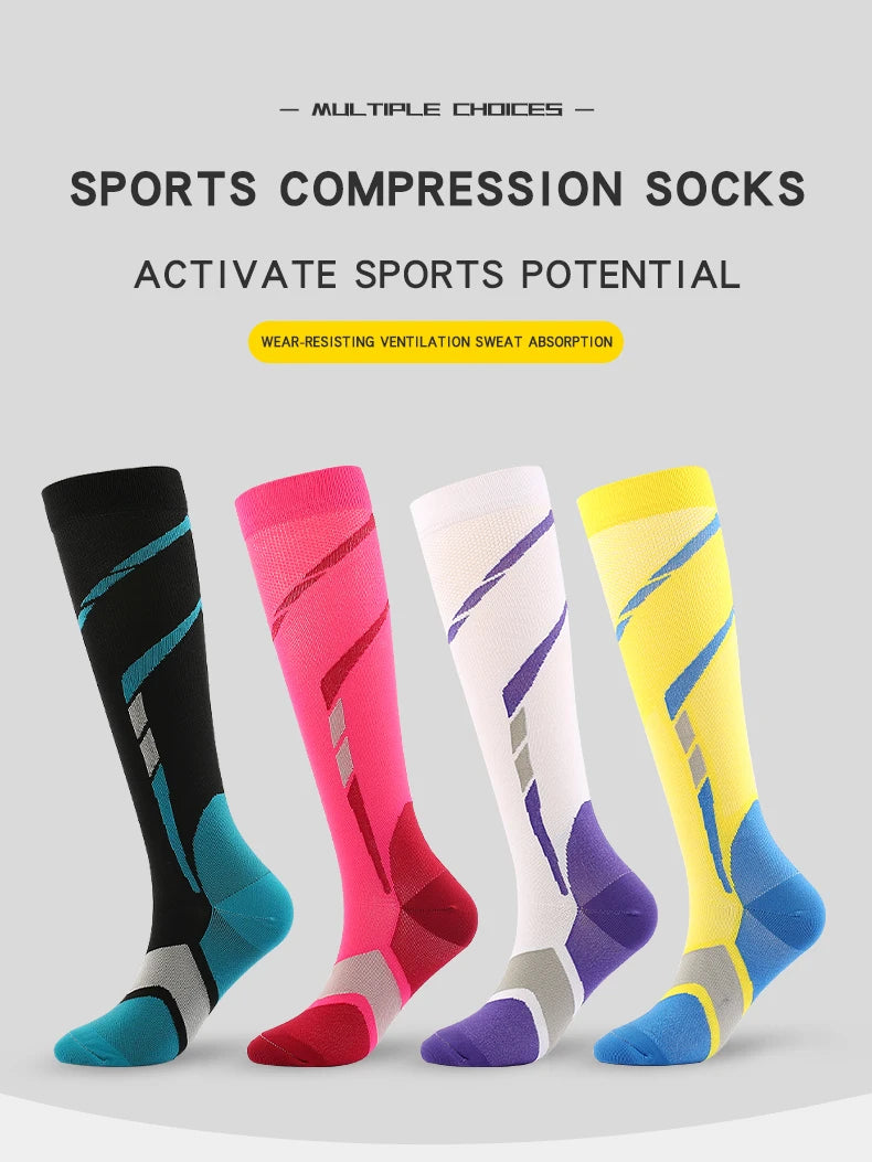A collection of five sports compression socks in various colors including black pink white and yellow