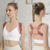 A woman models a white adjustable posture corrector belt for back and shoulder support, shown from the front and back.