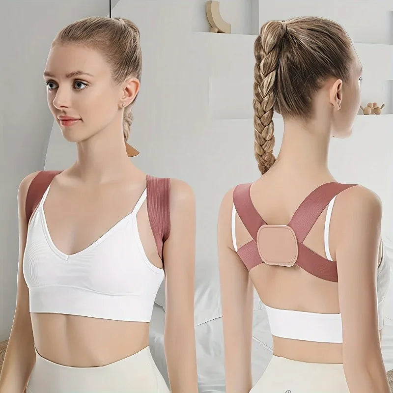 A woman models a white adjustable posture corrector belt for back and shoulder support, shown from the front and back.