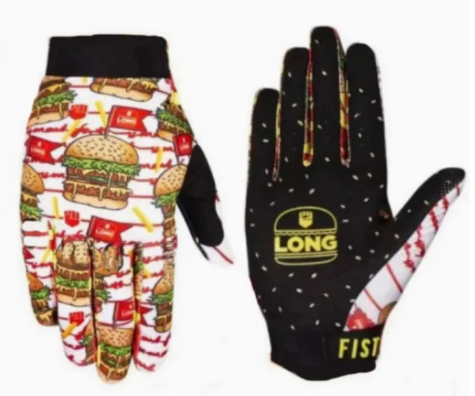 Une paire de gants de cheval noirs avec un motif rouge et blanc, des graphismes de hamburgers et la marque LONG