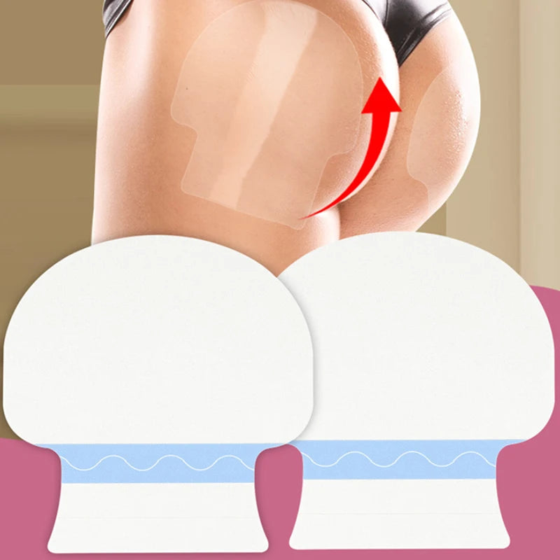 Two white invisible body shaping patches with a blue stripe on the bottom, shown next to a person's shoulder area.