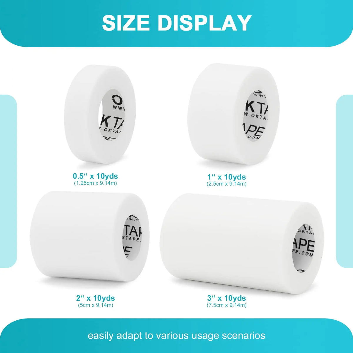 A display showing various sizes of white latex-free nonwoven breathable medical tape rolls.