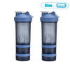 A pair of blue 3-layer protein shaker bottles with handles shown side by side.