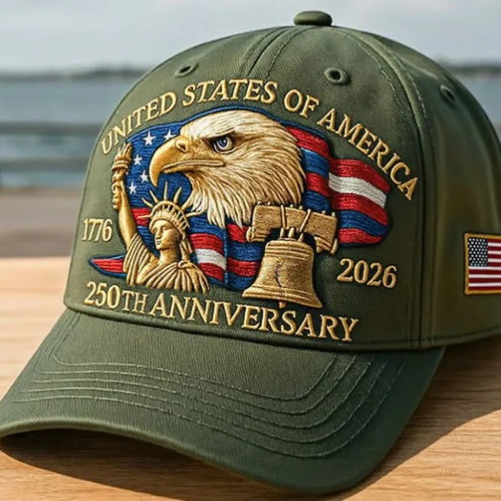Olive green baseball cap featuring a graphic of an American bald eagle and text celebrating the 250th anniversary of the Unit