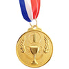 A gold sports achievement medal with laurel wreaths and a trophy design suspended from a striped ribbon.