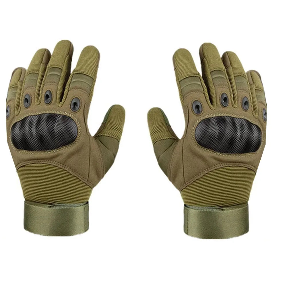 Pair of olive green tactical full-finger motorcycle gloves shown from the palm side.