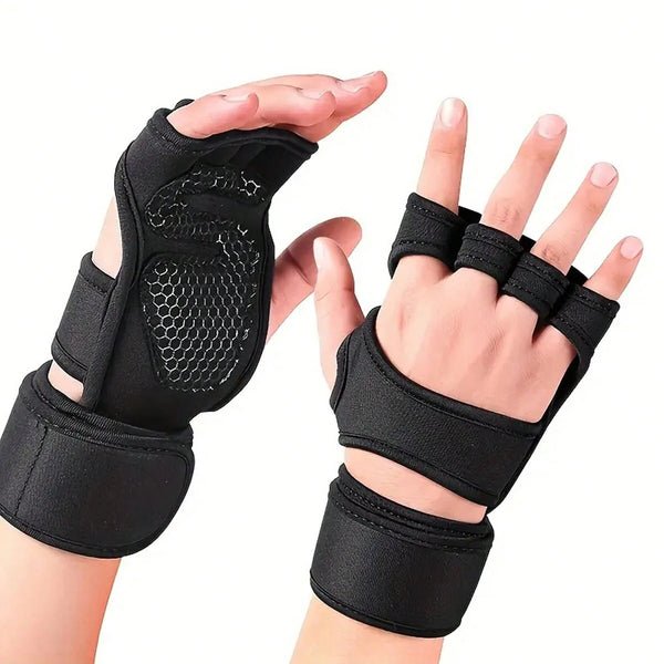 Black gym lifting workout gloves protecting the hand and wrist during exercise