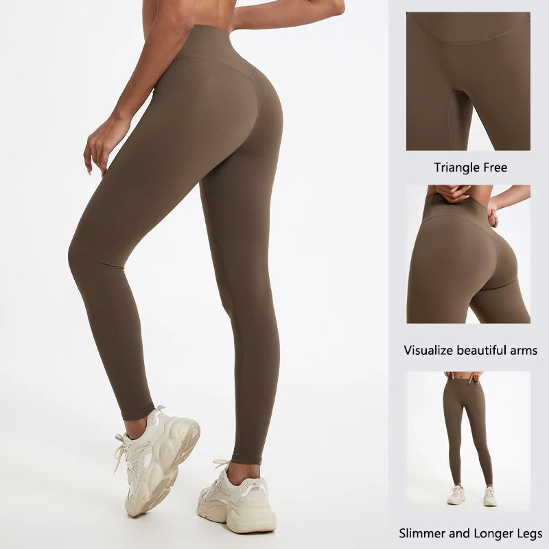 A model wears high-waist yoga leggings in brown, showcasing a seamless fit and slim silhouette.