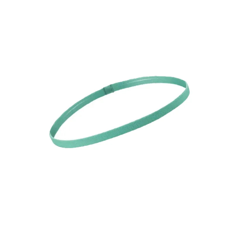 A set of five multi-functional elastic sports headbands in a light teal color.