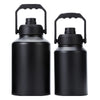 Black insulated stainless steel thermos flask with a handle