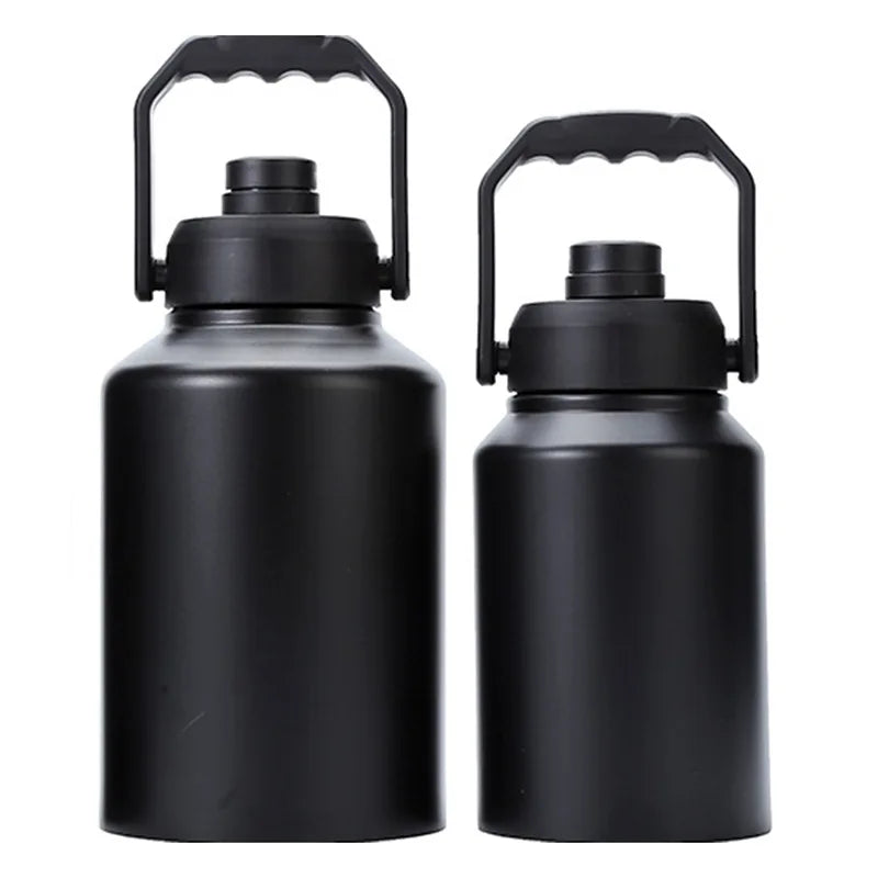 Black insulated stainless steel thermos flask with a handle
