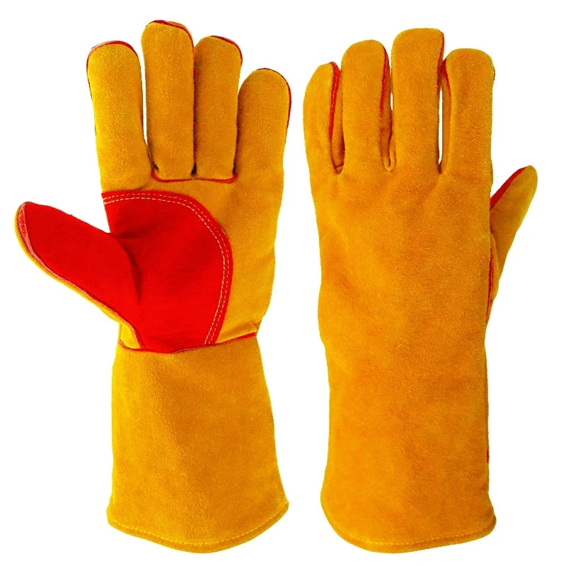 A pair of bright orange and red heavy duty cowhide leather welding and work gloves.