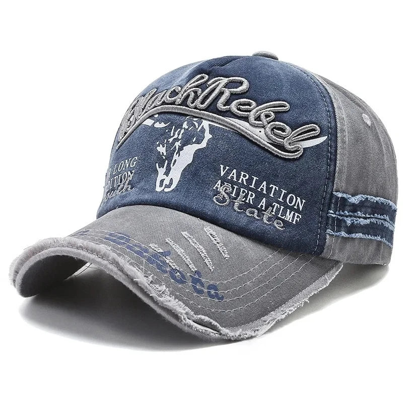 Vintage Washed Cotton Baseball Cap with Embroidered Cow Head