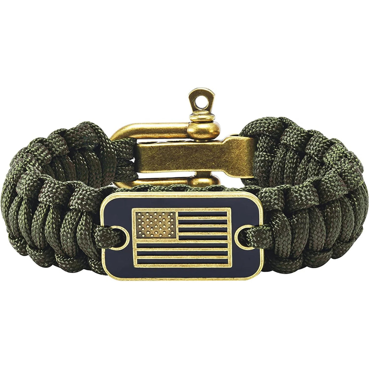 A dark green paracord survival bracelet with a bronze flag charm and a rectangular gold buckle.